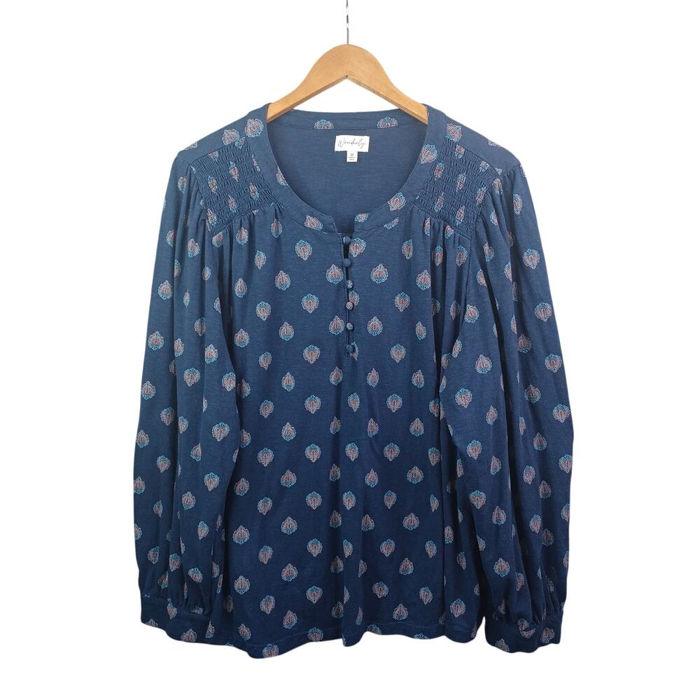 Wonderly Womens Peasant Top Size 3X Blue Smocked Boho Balloon Sleeve Cottagecore